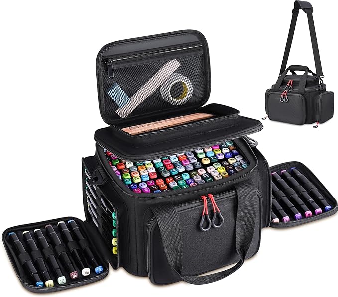 Large Marker Organizer Case for 200-300 Markers, Art Marker Storage Bag with Removable Dividers & 4 Pockets for Paint Markers, Shoulder Strap, Pencil Alcohol Marker Holder