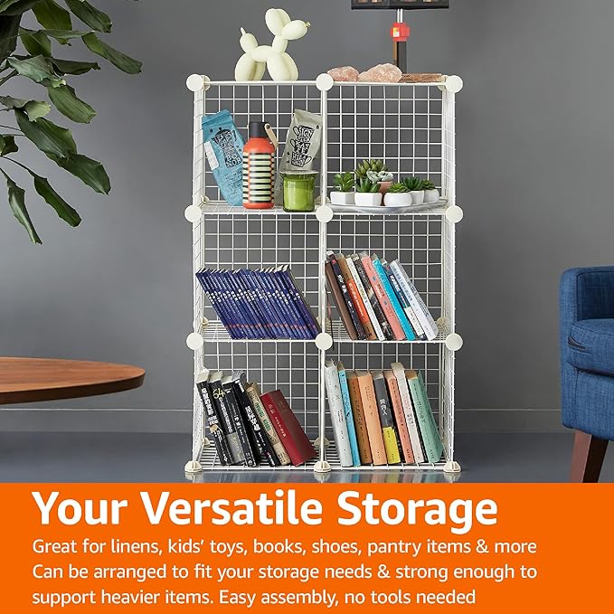 Amazon Basics 6 Cube Wire Grid Stackable Storage Shelves, 12.6 x 26 x 38 inches, White