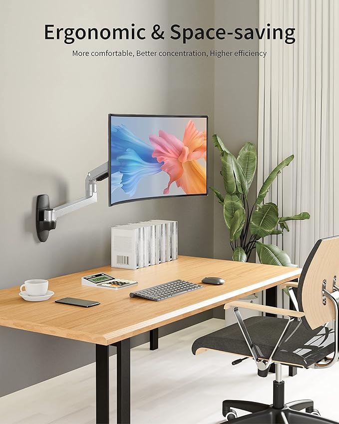 Monitor Wall Mount for Flat or Curved Screens up to 38" Within 25 lbs, Full Motion Adjustable Monitor Arm Wall Mount with Cable Management, VESA 75x75/100x100mm, Silver