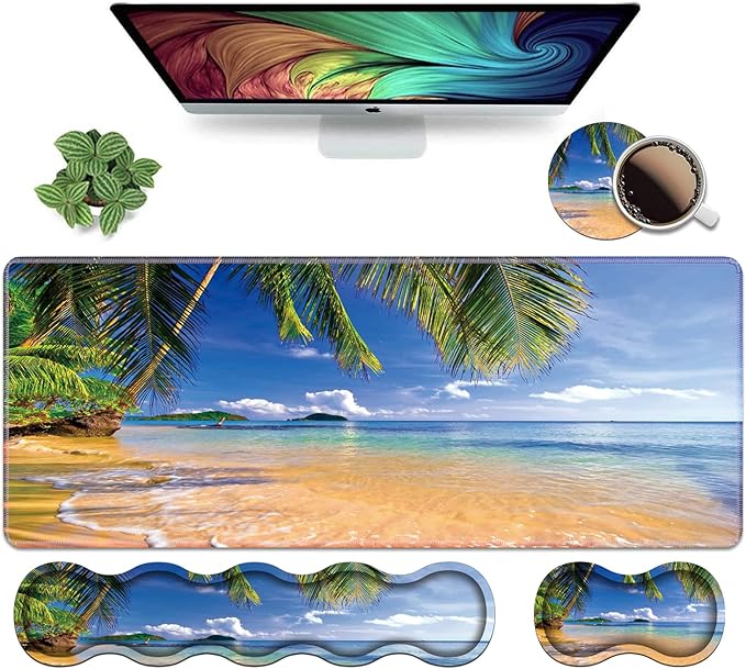 Ergonomic Keyboard Wrist Rest & Mouse Pad Wrist Rest Set, Large XXL Gaming Desk Mat 31.5"x 11.8", Non-Slip Base, Memory Foam, Easy Typing Pain Relief for Office & Home, Shore Palms Tropical Beach