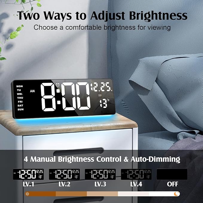 16.5" Digital Clock Large Display with Remote Control, 6-Color Night Light Digital Wall Clock with Dual Alarms, Temperature, Auto DST Large Clock for Living Room, Bedroom, Desk, Mounted, Gift