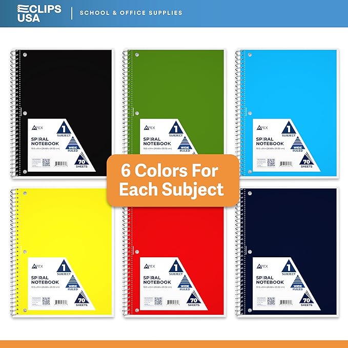 E-CLIPS USA Spiral Notebook, Wide Ruled Notebooks (12 Pack), 70 Sheets, Single Subject, Notebooks Bulk, 6 Color Assortment, 3 Hole Perforated Sheets (12, Wide Ruled)