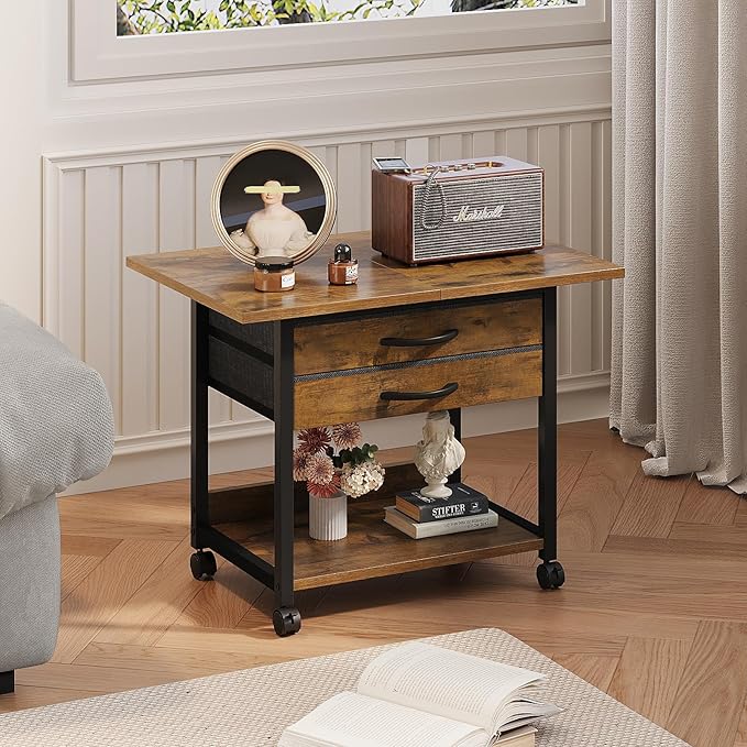 Large Printer Stand with Storage Fabric Drawer Under Desk Printer Table with Wheels for Home Office, Printer Cart fit Fax Machine Scanner 23.4"x15.7"(Rustic Brown, 2 Tiers)