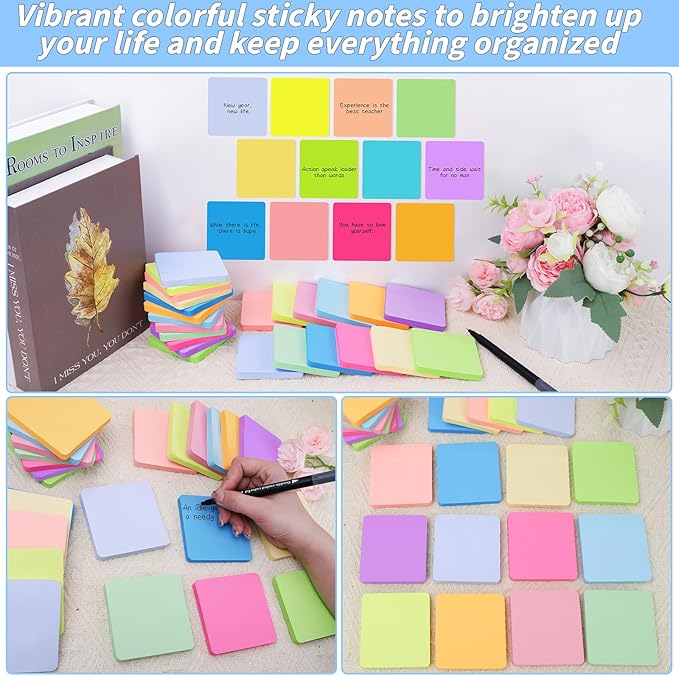 60 Pads Round Corner Sticky Notes 3x3 in Post, 12 Bright Colors Self-Stick Note Pads it, Strong Adhesive Paper Memo Pads, 75 Sheets/Pad, Colored Note Pad Easy to Post for Home, Office, Notebook