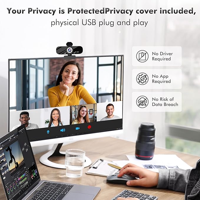 Gozvrpus USB HD Webcam with Built-in Microphone and Rotatable Tripod, 1080P Video, Wide Angle Camera, Privacy Cover, for Desktop PC or Laptop Computer - 4（Black）
