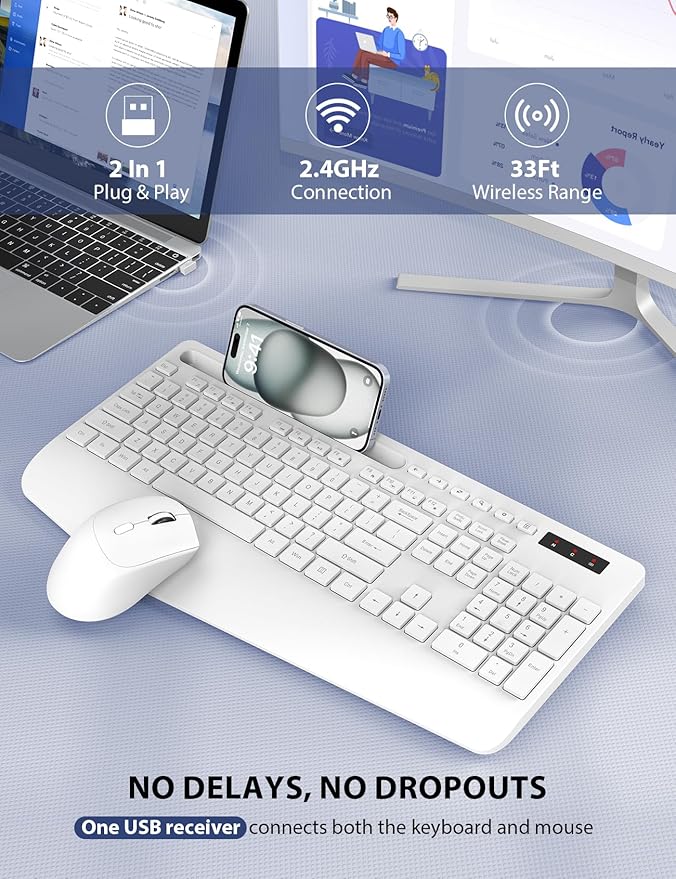 Wireless Keyboard and Mouse Combo - Full-Sized Ergonomic Keyboard with Wrist Rest, Phone Holder, Sleep Mode, Silent 2.4GHz Cordless Keyboard Mouse Set for PC, Laptop - Trueque (Pure White, 1 Pack)