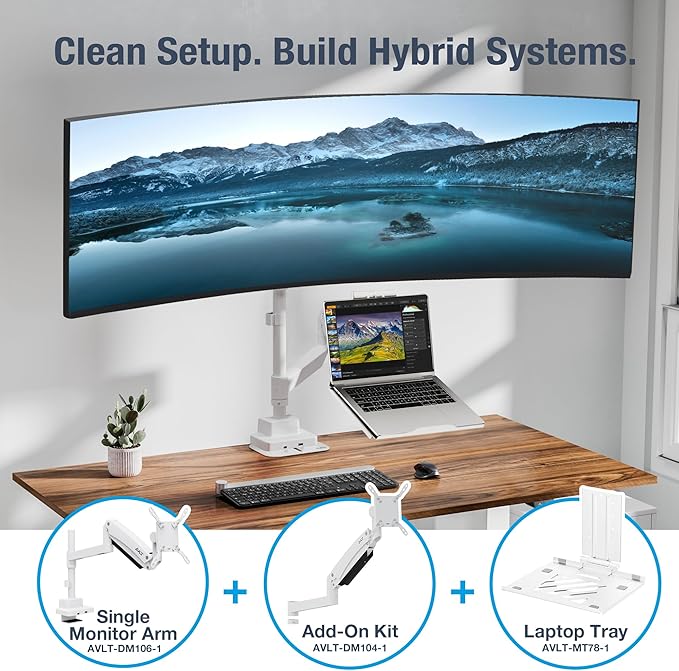 AVLT 57 Inch Heavy Duty Pole Top Mount Monitor Arm Series – Dual & Single Add-On Kits, Height Adjustable, VESA Compatible (White, Add-On Monitor Arm)