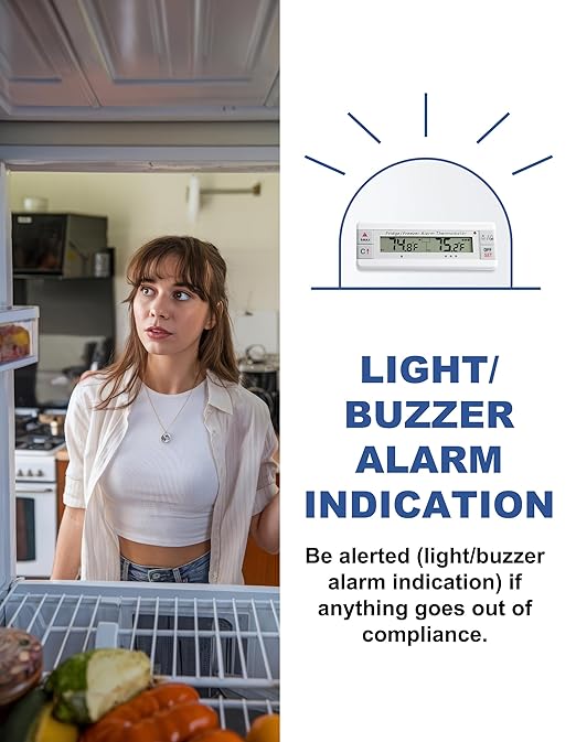 Digital Refrigerator Thermometer 2 Channel Freezer Thermometer with Alarm Sound Reminder Thermometer Fridge with Max/Min Temperature Record Freezer Alarm with Magnetic Back for Home Kitchen