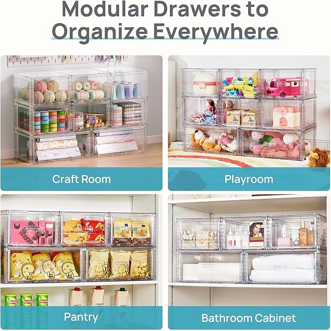 Vtopmart 4 Pack 18QT Clear Stackable Storage Drawers,Easily Assemble Closet Organizers,Plastic Storage Bins for Bathroom,Cabinet,Kitchen Pantry,Under Sink Organization(Medium)