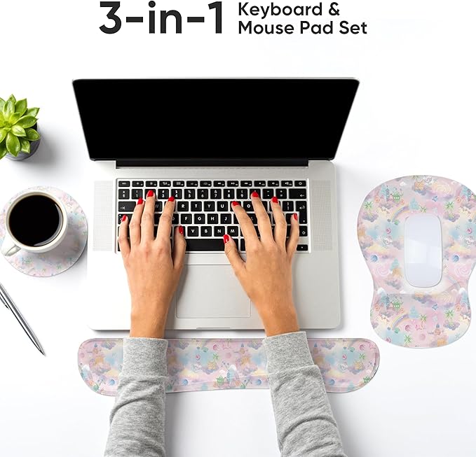 Wrist Rest Support for Mouse Pad Keyboard Set Circle Coaster Gaming Mouse Pad Ergonomic Gel Memory Foam Set for Computer, Laptop, Office, Pain Relief, Comfortably Typing Cute KM-37