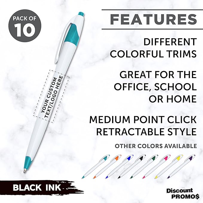 DISCOUNT PROMOS Custom Slim Curvy Ballpoint Pens Set of 10, Personalized Bulk Pack - Black Ink, Retractable, Great for Office, School, Tradeshows - Teal