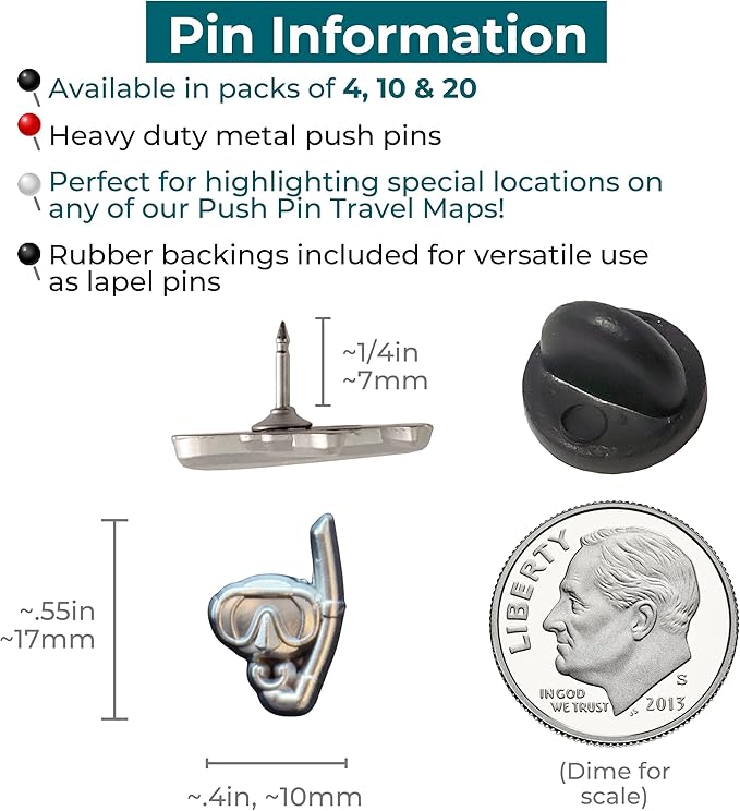 Snorkel Push Pins - Silver Snorkel Map Pins for Cork Boards, Maps, or Lapel Use - Designed in USA - Set of 4