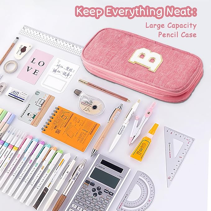 Large Capacity Pink Pencil Case, Cute Pencil Case Pencil Pouch with Zipper For Girls Women, Expandable Preppy Pencil Bag Large Storage High Capacity Bag Organizer for School Home Office Supplies, B