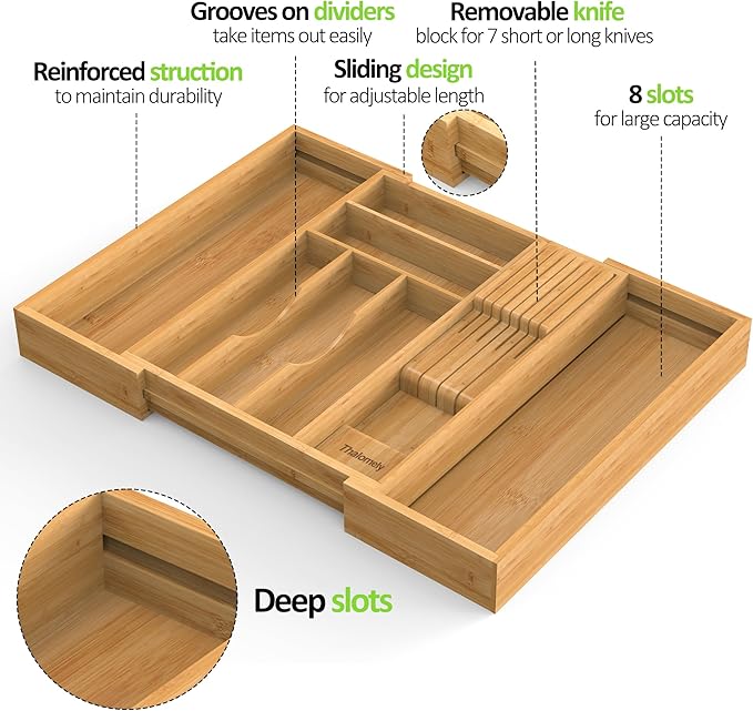 Bamboo Kitchen Drawer Organizer, Expandable Silverware Organizer with Removable Knife Block, 6-8 Slots- Utensil Holder & Cutlery Tray Drawer Dividers, 2.36" Deep for Extra Capacity, Natural