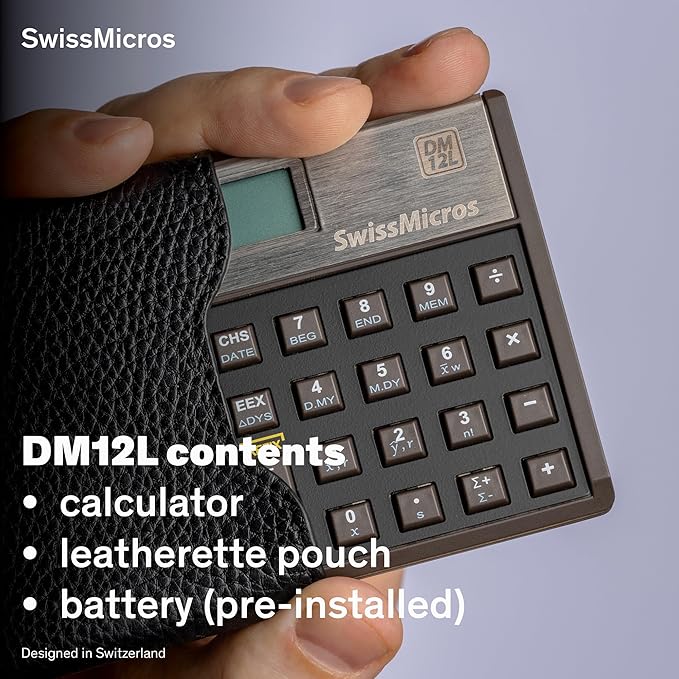 SwissMicros DM12L RPN Financial Calculator – HP 12C Inspired | Titanium Shell | TVM, NPV, IRR & Bonds | USB | Professional Gold Class