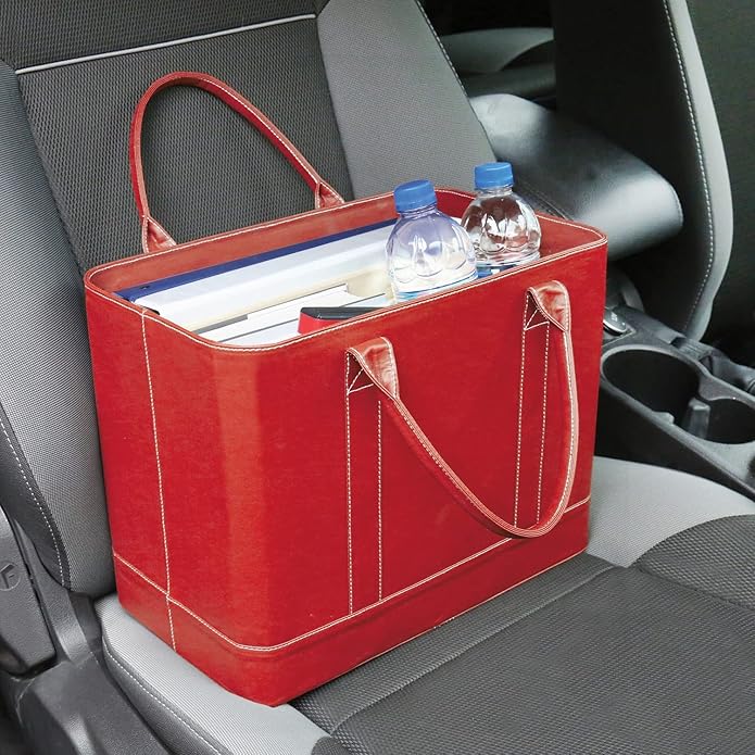 HOME DISTRICT Chic File Organizer Tote - Important Document Organizer Bag, Portable File Box with Handle, Red