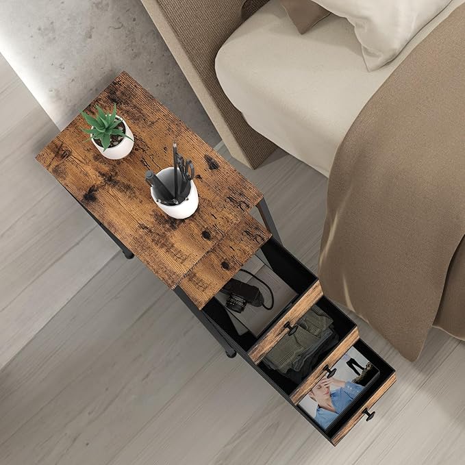 YBING Narrow Dresser for Bedroom, Dresser with 3 Fabric Drawers, Slim Bedside Table with Open Storage Shelf, Small Side Table for Small Spaces, Brown