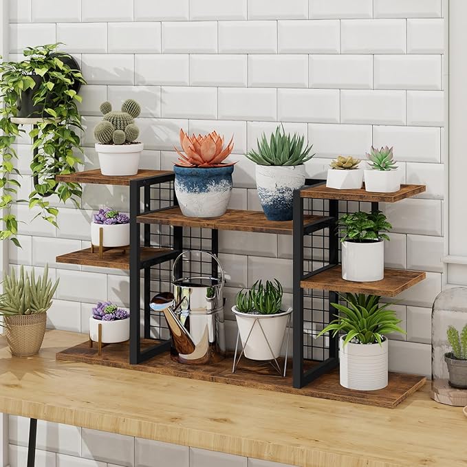 ELITEROO Desktop Shelf Organizer, 4-Tier Wooden Desk Bookshelf, Small Tabletop Book Shelf, Adjustable Display Rack for Home, Office, Dorm, Rustic Brown