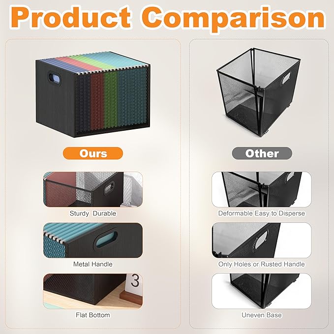 Piskyet Wooden Hanging File Organizer for desk, Metal Mesh File Folder Organizer Crate Cabinet Storage Box with Handle for Home Office Desk,Letter - Size,Black