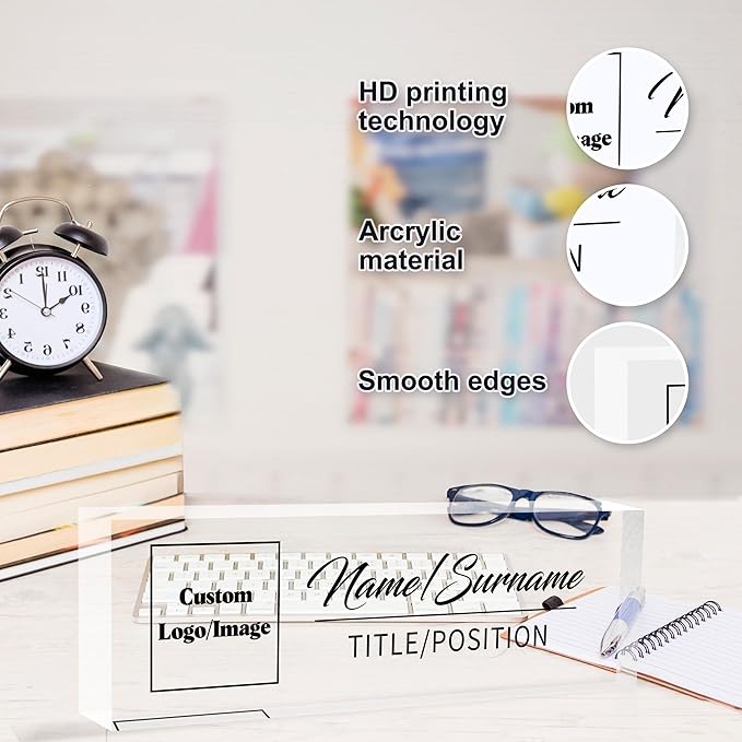 Personalized Office Name Plate, Custom Logo/Photo, Name Plate for Desks, Office Desk Decorations Gift for Women Men, Acrylic Desk Name Plate for Teacher Coworkers Staff Boss (Transparent Logo)