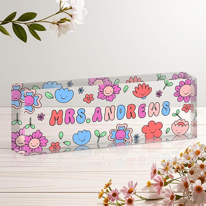 Personalized Name Plate for Desk, Custom Acrylic Desk Name Sign, Office Appreciation Gifts for Women Men Coworkers Boss Teacher Employee (Teacher)