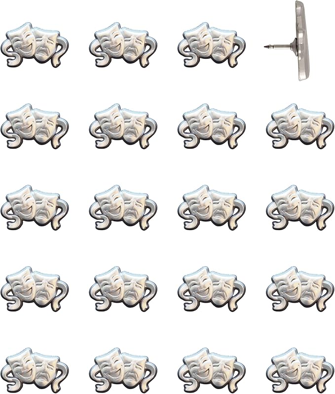 Comedy and Tragedy Masks Push Pins - Silver Theater Mask Map Pins for Cork Boards, Maps, or Lapel Use - Designed in USA - Set of 20