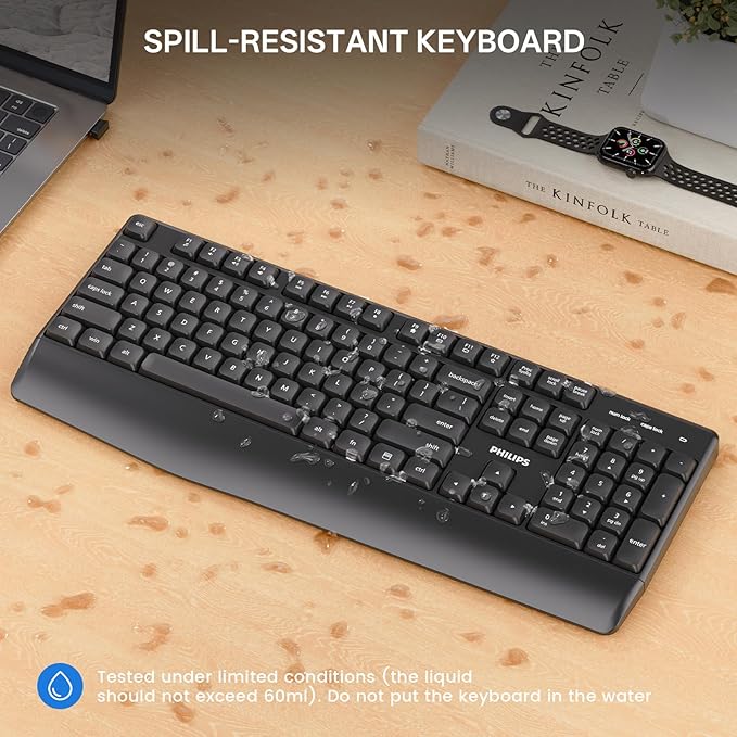 PHILIPS Wireless Keyboard and Mouse Combo-Ergonomic Keyboard and Mouse Wireless Combo with Silent Design,Plug n' Play,Sleep Mode and 2.4GHz Keyboard for Mac, Windows, Laptop-Black