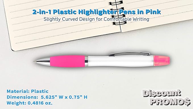 DISCOUNT PROMOS 10 Plastic Highlighter Pens Pack - Rubber Grip, Black Ink - Pink