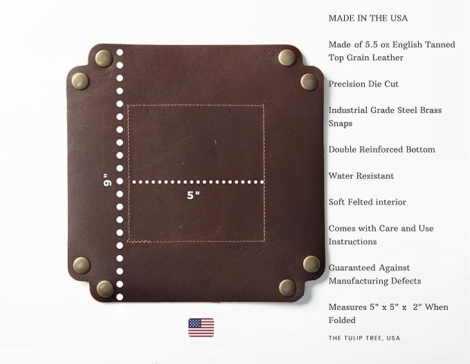 American Made Premium Leather Valet Tray, Folds Flat! Dice Rolling Basket and Organizer with Brass Rivets (Dark Walnut Brown, Medium)
