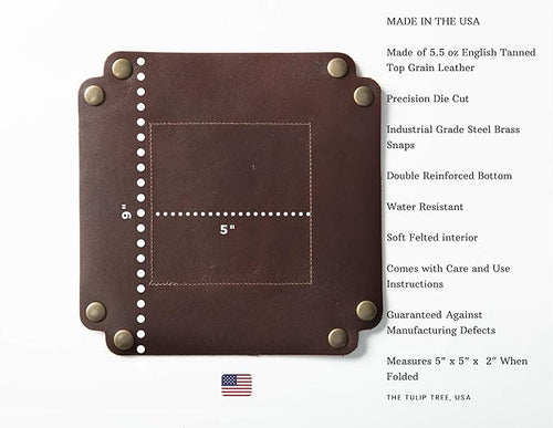 American Made Premium Leather Valet Tray, Folds Flat! Dice Rolling Basket and Organizer with Brass Rivets (Dark Walnut Brown, Medium)