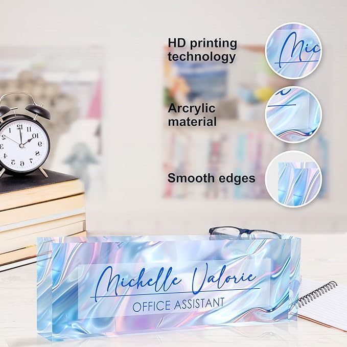 Personalized Office Name Plate, Custom Name Plate for Desks, Office Desk Decorations Gift for Women Men, Acrylic Desk Name Plate for Teacher Coworkers Staff Boss (Laser Ripple)