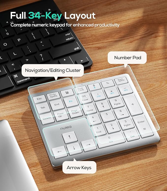 Nulea Wireless Number Pad Bluetooth 5.0 & 2.4G Portable Numeric Keyboard, USB-C Rechargeable, 34-Keys Bluetooth Keyboard for Data Entry (Silvery White)