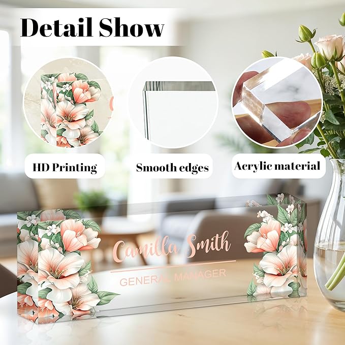 Personalized Name Plate for Desk, Custom Acrylic Desk Name Sign, Office Appreciation Gifts for Women Men Coworkers Boss Teacher Employee (Flower-Lily)