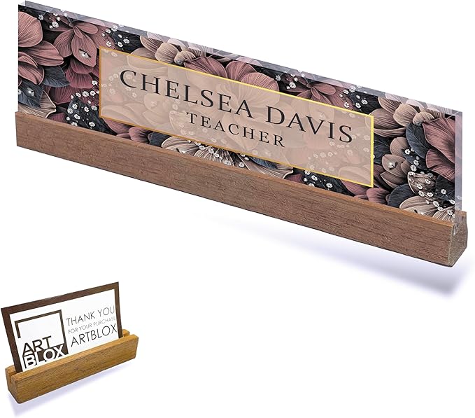 ARTBLOX | Office Personalized Name Plate Women Flower Design On Clear Acrylic Glass for Desk with Business Card Holder