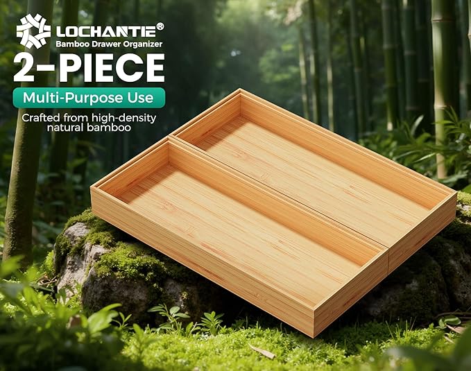 Long Bamboo Kitchen Drawer Organizer Boxes – 17" x 6" Stackable Wood Silverware Utensil Tray for Drawers Bins Cutlery & Flatware Storage – Wooden Pantry Organizers Set of 2 for Junk Drawer Bathroom Rv