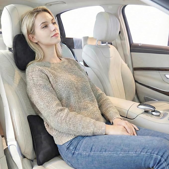 2PCS Car Pillow for Car Neck Pillow for Driving Seat Lumbar Support Soft Cushion with Extra Filling Accessories Back Support for Travel Nap and Trips Sleeping(Black, Head and Lumbar)