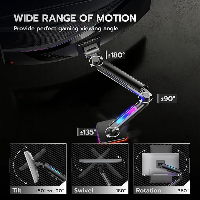 Ultrawide Monitor arm for 17-49'' Heavy Duty Screen up to 44lbs, Gas Spring Single Monitor Arm with RGB Light, Adjustable Gaming Computer Monitor Arm for Desk, Black