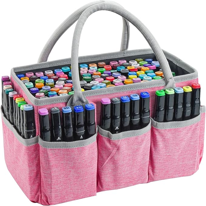 Marker Organizer Bag with Multiple Pockets, Marker Case for Art Storage Paint Markers, Paint Brushes, Coloring Books, Other Art Supplies, Pink