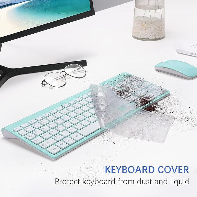 Wireless Keyboard and Mouse Ultra Slim Combo, TopMate 2.4G Silent Compact USB 2400DPI Mouse and Scissor Switch Keyboard Set with Cover, Batteries Included, for PC/Laptop/Windows/Mac - Mint Green