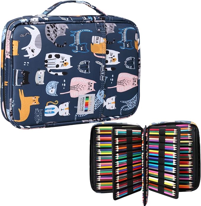 220 Slot Colored Pencil Case Pen Bag with Zipper for Artist Storage Organizer for Watercolor Pencil Gel Pen Marker Highlighter Large Capacity Handy Pencil Holder (Cat)