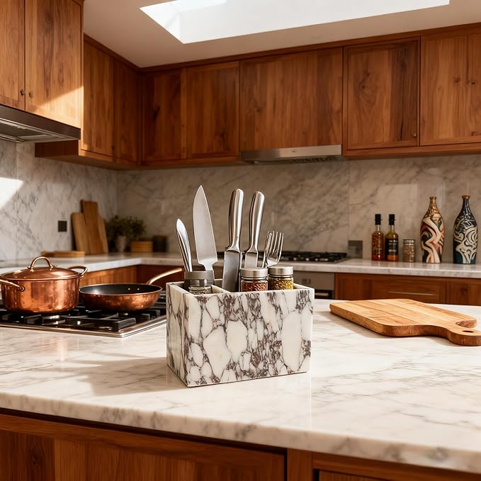 Natural Marble 3-Tier Organizer Box - Multi-Purpose Desktop Storage for Office Supplies, Kitchen Utensils, Makeup Brushes & Bathroom Essentials