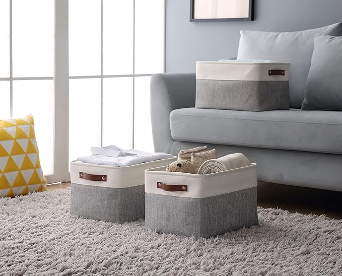 DECOMOMO Storage Baskets for Shelves - Fabric Storage Bins, Linen Closet Organizers and Storage (Grey & White, Large - 1 Pack)