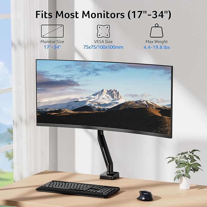 Acer Single Monitor Mount, Fully Adjustable Monitor Arm Fits 17 to 34 Inch Screens, Gas Spring VESA Mount with C-Clamp & Grommet Base, Computer Desk Arm with Tilt Swivel Rotate Supports 4.4-19.8 lbs