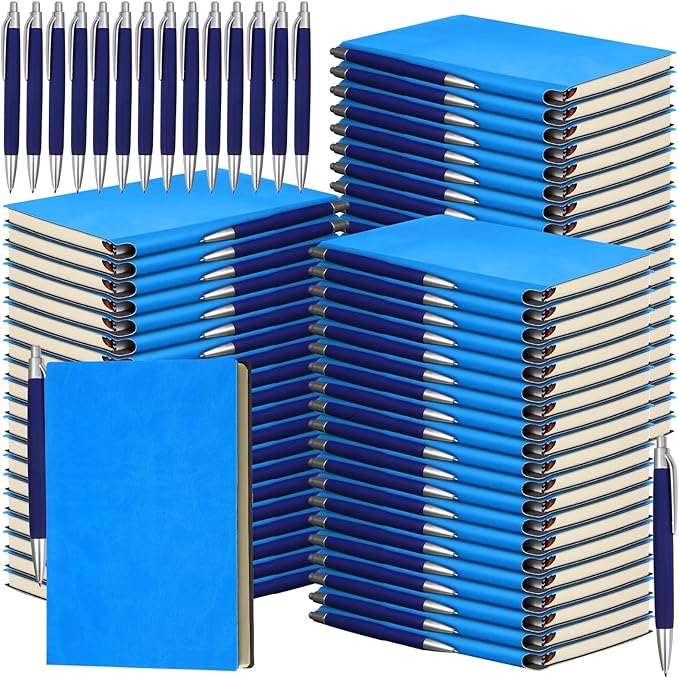 Kolldenn 50 Pack Notebooks Journals Bulk with 50 Pens A5 Softcover Notebooks Waterproof School Notebooks Leather Ruled Journal with Pen for School Business Work, 200 Pages, 5.7" x 8.3" (Blue)