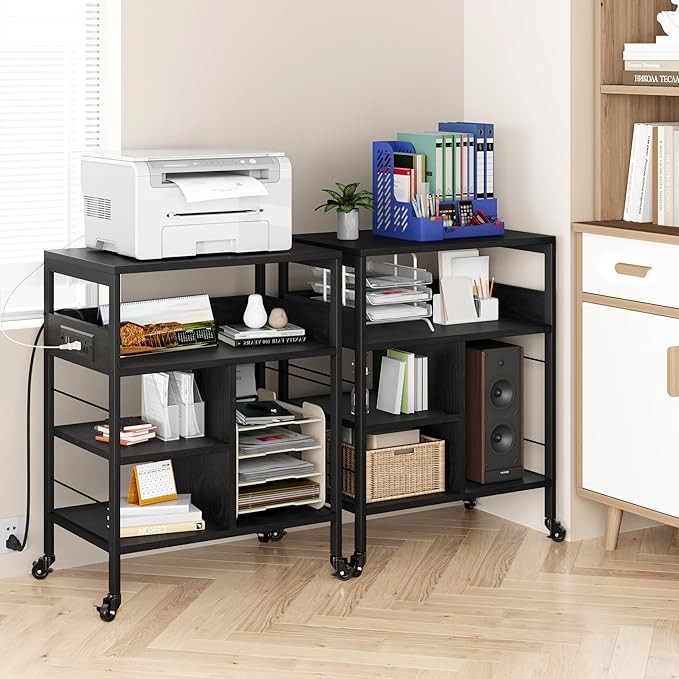 GarveeLife Printer Stand with Power Outlets, 4-Tier Rolling Printer Table with Lockable Wheels, Heavy Duty Printer Cart with Storage, Utility Storage Cart for Home, Office, Black