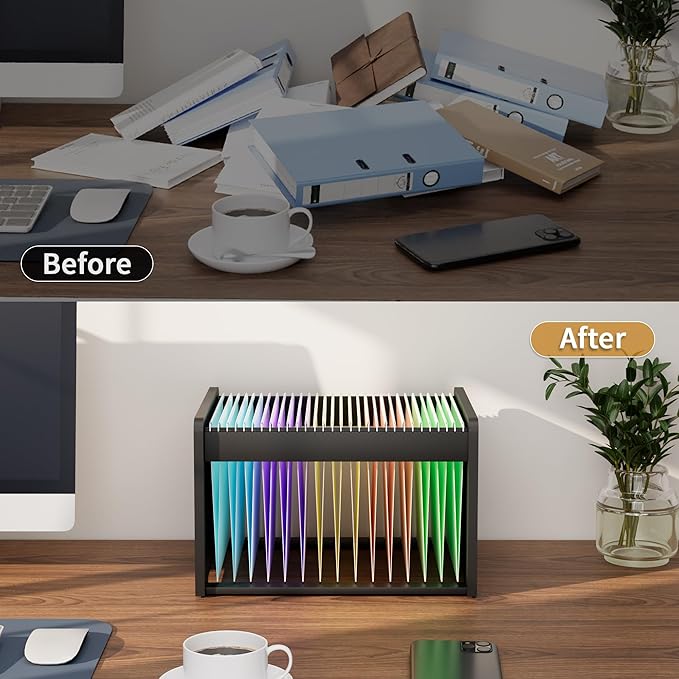 Bamboo Hanging File Organizer, Office Desk File Organizer for Letter Size, Wood Hanging File Folders Organizer Record Holder Storage Stand Bookshelf Easy Assembly, Black