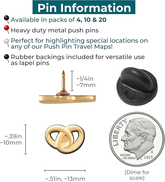 Wedding Rings Push Pins - Gold Intertwined Wedding Rings Map Pins for Cork Boards, Maps, or Lapel Use - Designed in USA - Set of 10