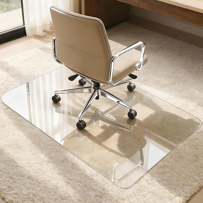 Azadx Tempered Glass Chair Mat for Carpet 32" x 48" Heavy Duty Office Chair Mat for Carpets 1/5" Thick for Carpeted Floor/Hard Floor Easy Glide Carpet Protector with Round Corner and Polished Edge