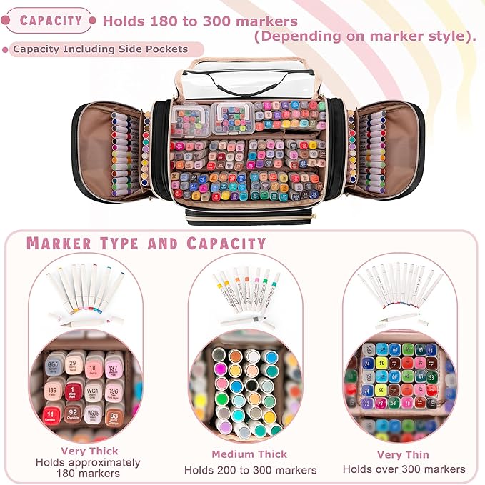 Marker Organizer Case Bag for 180-300 Markers, Large Marker Storage Bag with Detachable Divider for Adults, Marker Travel Holder Case Bag for Various Markers or Other Art Craft Supply, Black