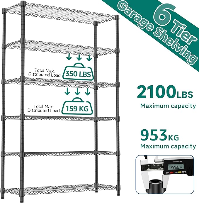 6 Tiers Shelf 2100 lbs Steel Storage Shelving Utility Shelving Unit Steel Organizer Wire Rack for Home,Kitchen,Office,Garage Black 17.7" D x 47.2" W x 82.4" H